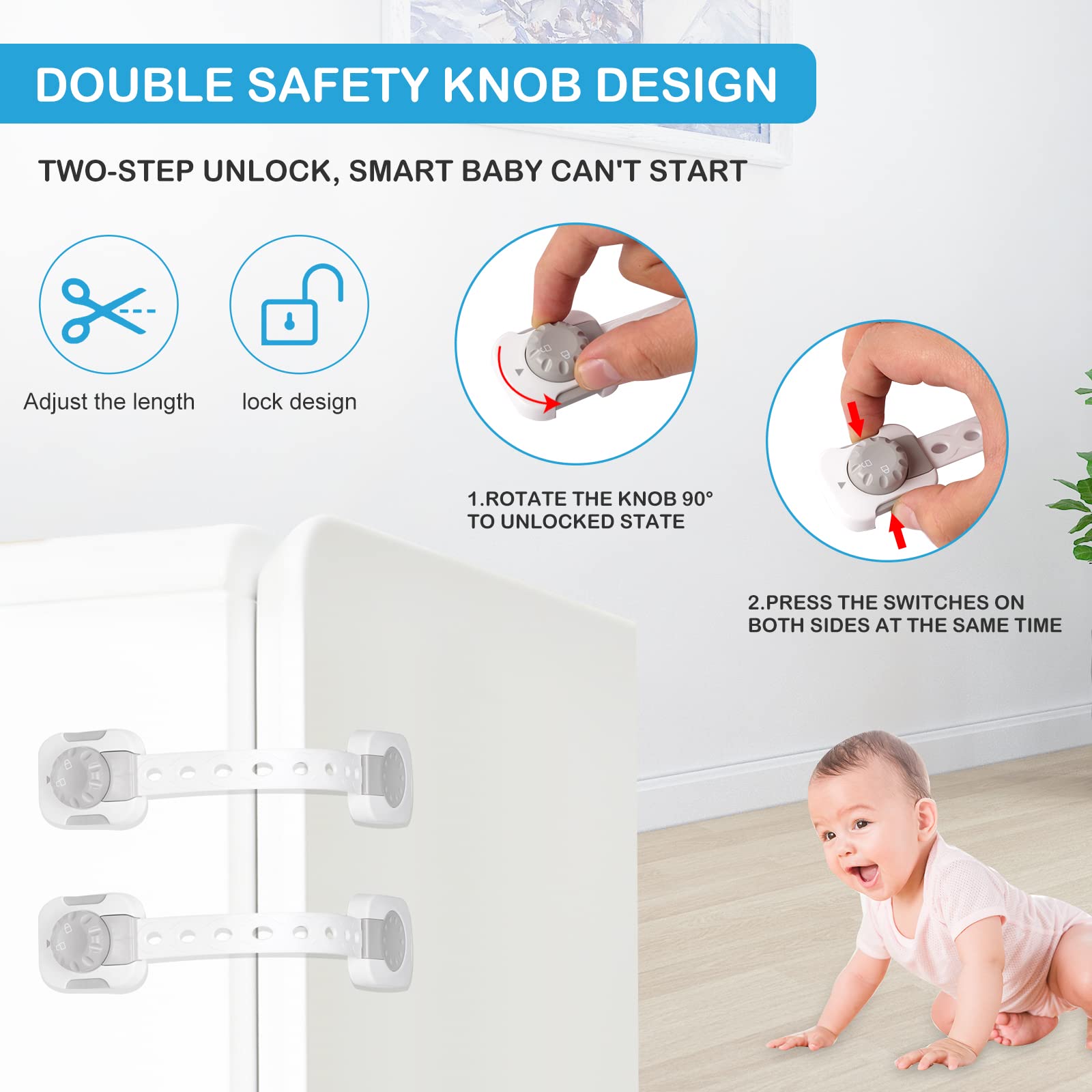 Baby Safety Lock, Child Safety Locks, Multi-Functional Adjustable Double Button Baby Anti-Clip Latch System For Cabinets, Drawers, Fridge, Closet Doors Etc（Pack Of 6）