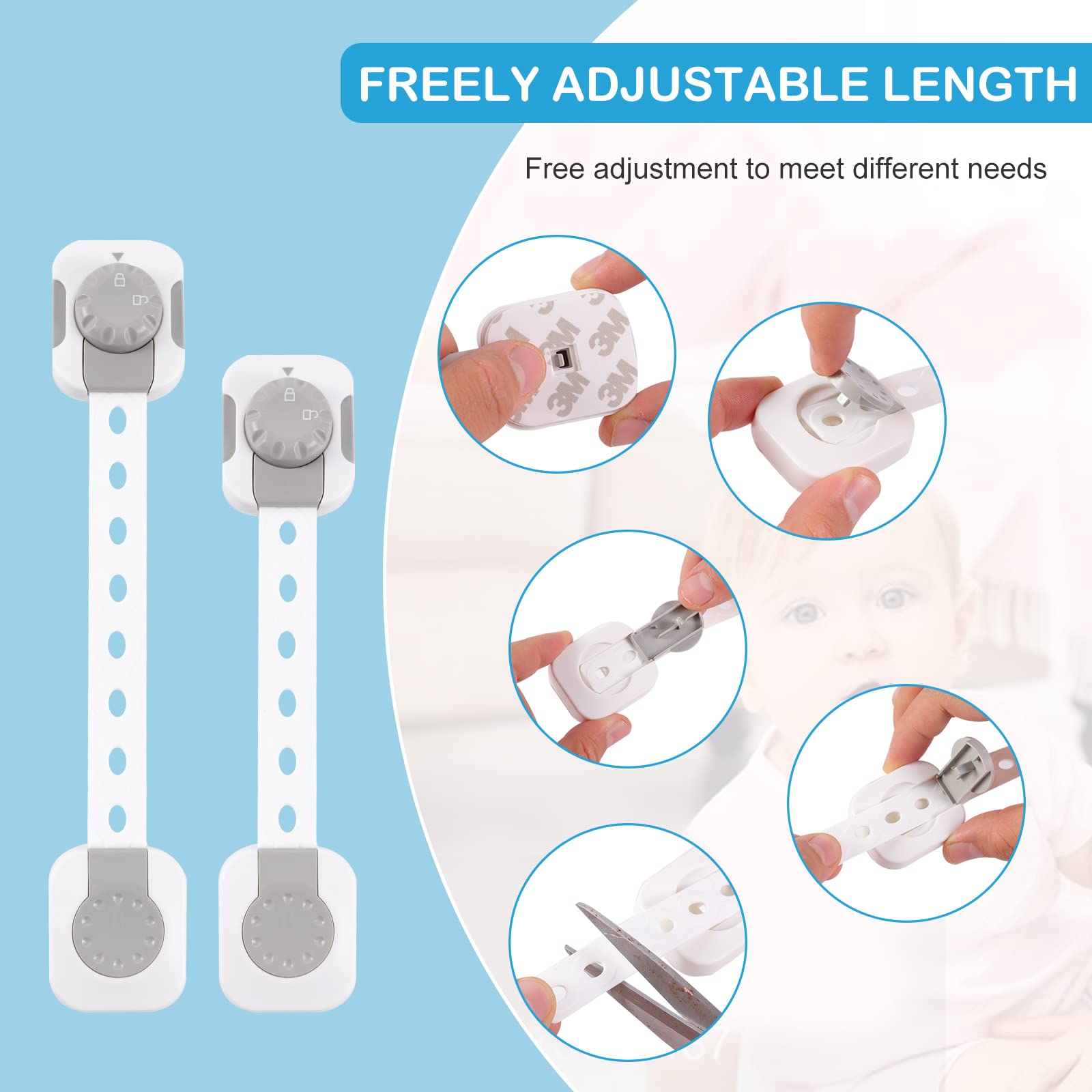 Baby Safety Lock, Child Safety Locks, Multi-Functional Adjustable Double Button Baby Anti-Clip Latch System For Cabinets, Drawers, Fridge, Closet Doors Etc（Pack Of 6）