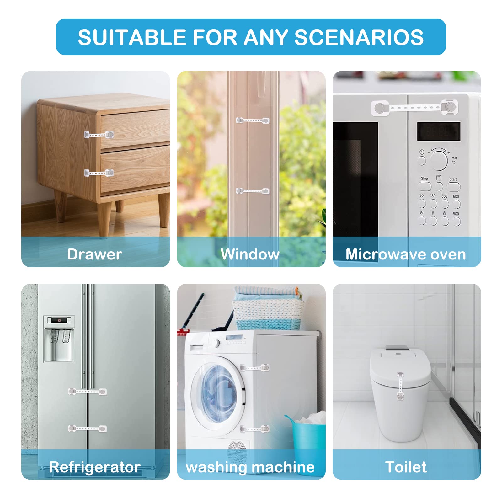 Baby Safety Lock, Child Safety Locks, Multi-Functional Adjustable Double Button Baby Anti-Clip Latch System For Cabinets, Drawers, Fridge, Closet Doors Etc（Pack Of 6）