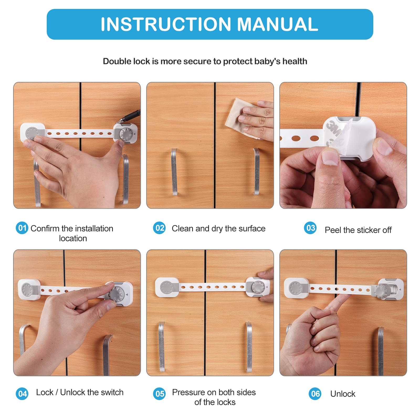 Baby Safety Lock, Child Safety Locks, Multi-Functional Adjustable Double Button Baby Anti-Clip Latch System For Cabinets, Drawers, Fridge, Closet Doors Etc（Pack Of 6）